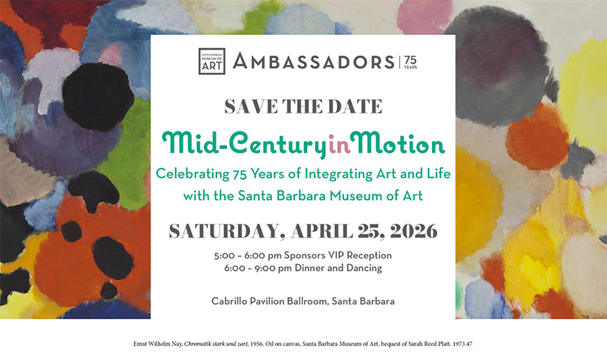 image of graphic announcing sbma ambassadors save the date for Mid Century in Motion event against a colorful background of Ernst Nay oil on canvas